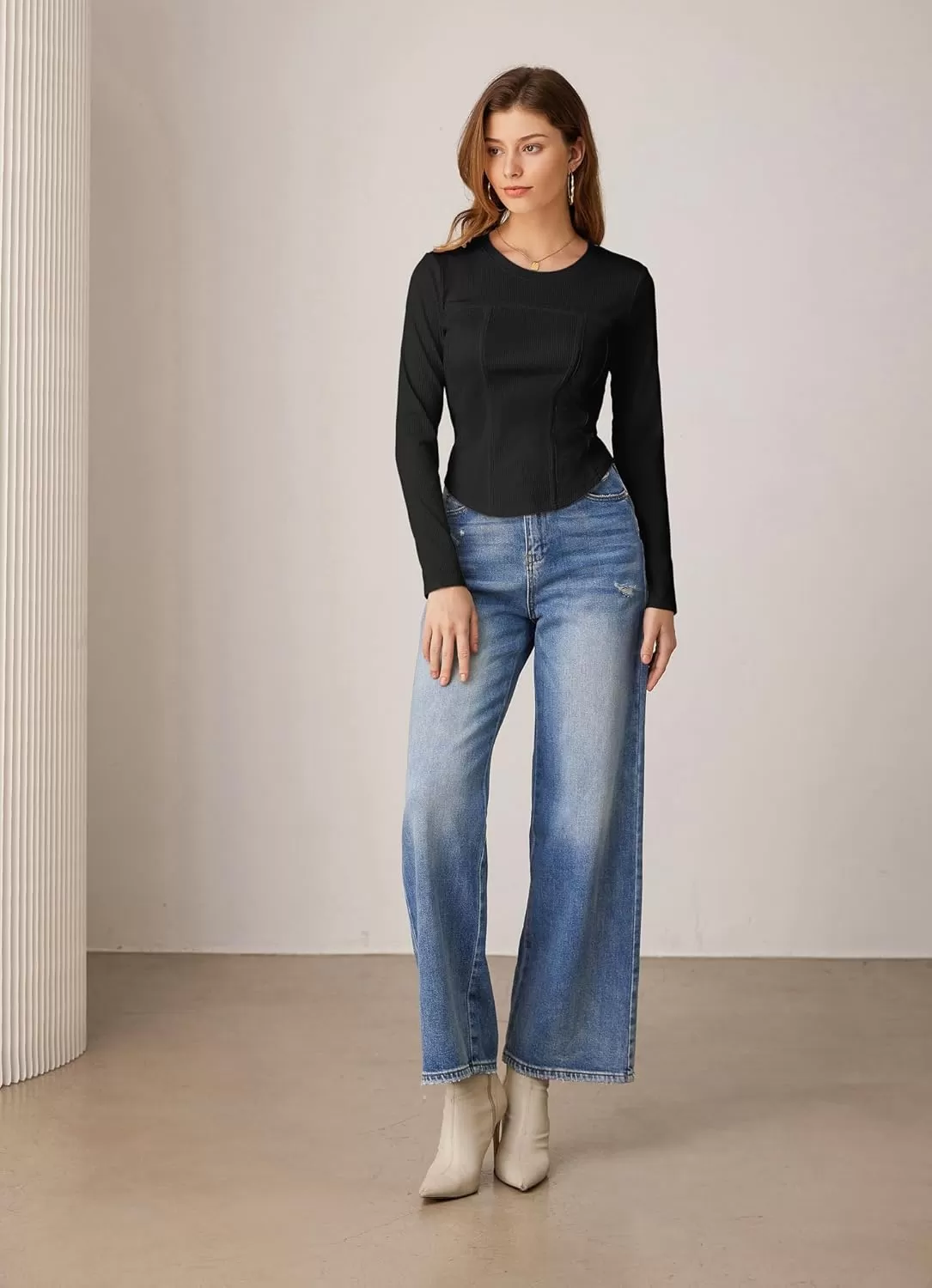 imageGRACE KARIN Women Long Sleeve Crew Neck Shirts Crop Tops Fall Fashion Knit Slim Fitted Corset TeeBlack