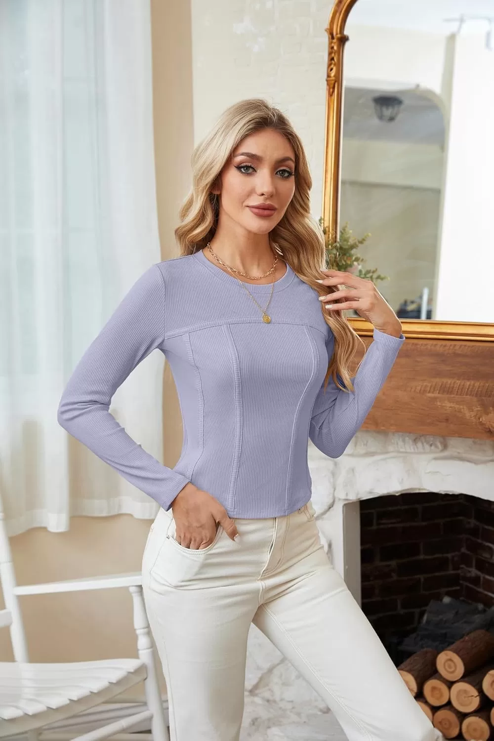 imageGRACE KARIN Women Long Sleeve Crew Neck Shirts Crop Tops Fall Fashion Knit Slim Fitted Corset TeeGrey Purple