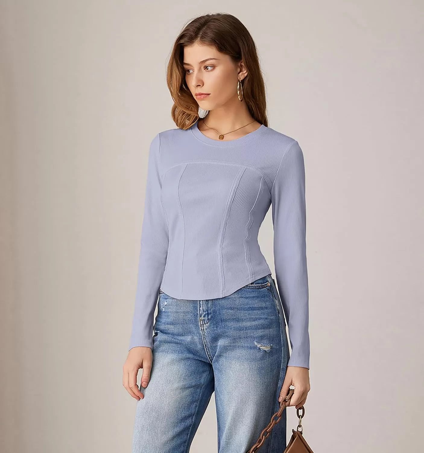 imageGRACE KARIN Women Long Sleeve Crew Neck Shirts Crop Tops Fall Fashion Knit Slim Fitted Corset TeeGrey Purple