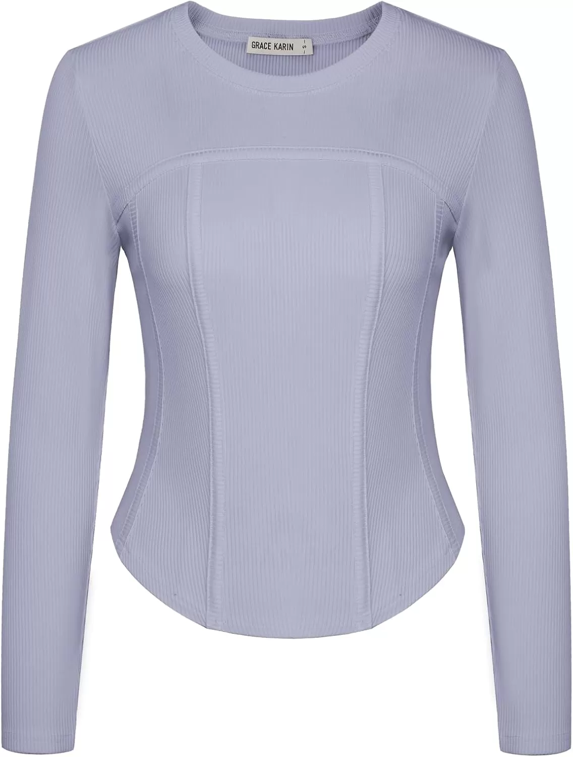 imageGRACE KARIN Women Long Sleeve Crew Neck Shirts Crop Tops Fall Fashion Knit Slim Fitted Corset TeeGrey Purple