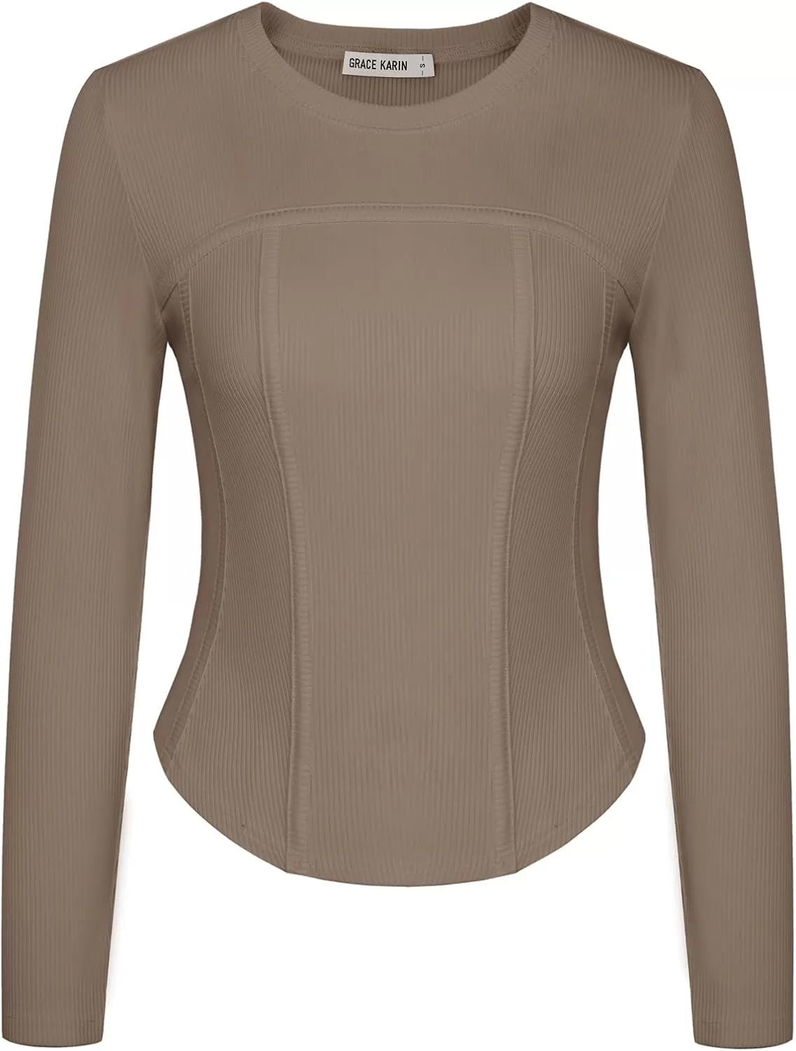 imageGRACE KARIN Women Long Sleeve Crew Neck Shirts Crop Tops Fall Fashion Knit Slim Fitted Corset TeeKhaki