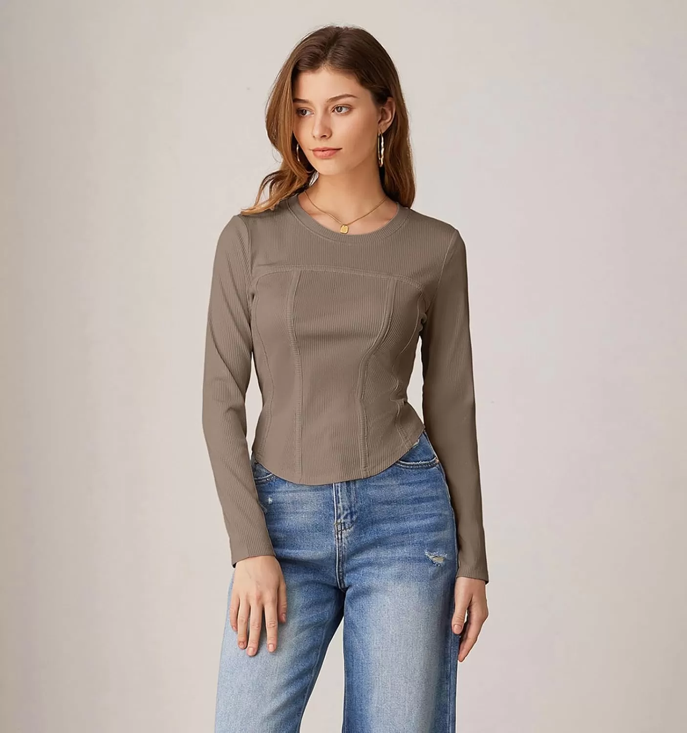 imageGRACE KARIN Women Long Sleeve Crew Neck Shirts Crop Tops Fall Fashion Knit Slim Fitted Corset TeeKhaki