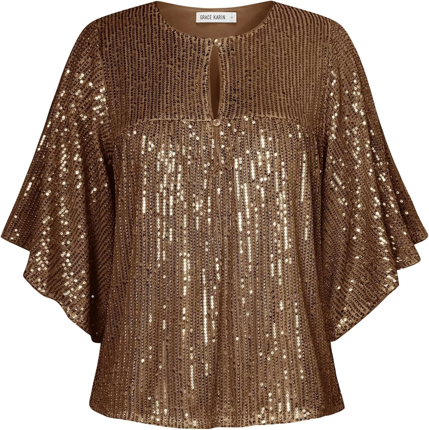 imageGRACE KARIN Women Sequin Tops Glitter Shimmer Blouse Sparkly Shirts Batwing Sleeve Crew Neck Crop Dressy PartyBrown