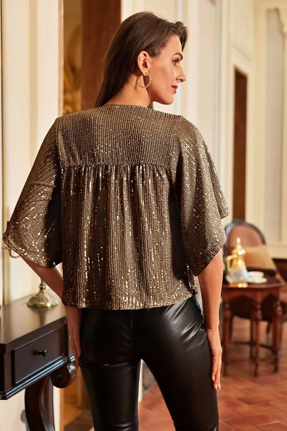 imageGRACE KARIN Women Sequin Tops Glitter Shimmer Blouse Sparkly Shirts Batwing Sleeve Crew Neck Crop Dressy PartyBrown