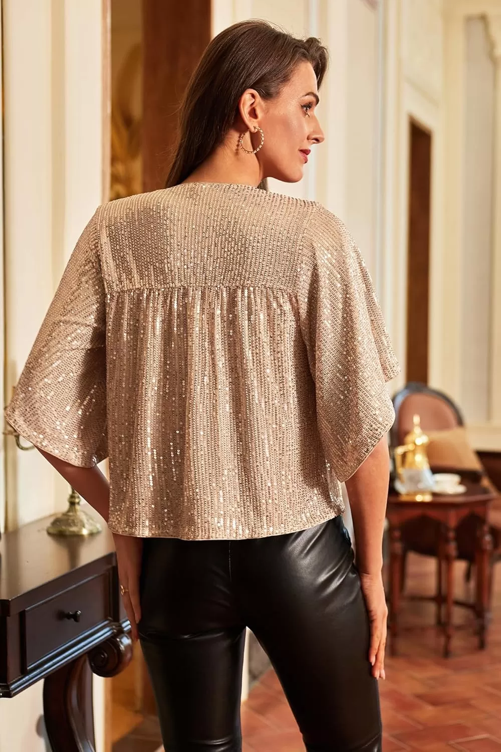 imageGRACE KARIN Women Sequin Tops Glitter Shimmer Blouse Sparkly Shirts Batwing Sleeve Crew Neck Crop Dressy PartyGold