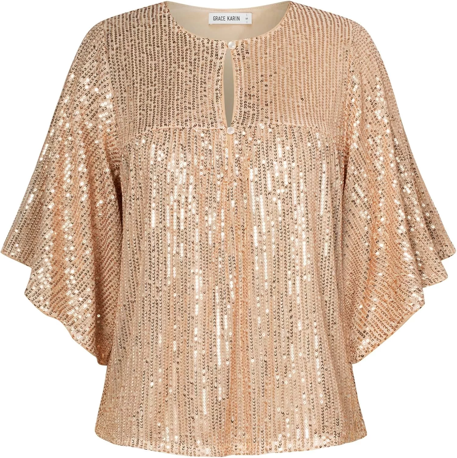 imageGRACE KARIN Women Sequin Tops Glitter Shimmer Blouse Sparkly Shirts Batwing Sleeve Crew Neck Crop Dressy PartyGold