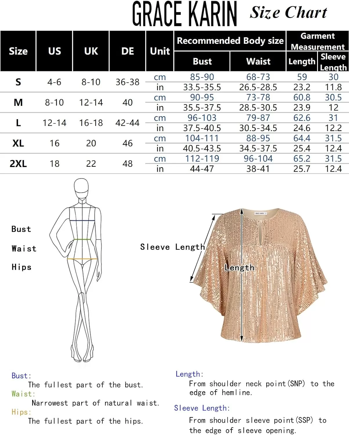 imageGRACE KARIN Women Sequin Tops Glitter Shimmer Blouse Sparkly Shirts Batwing Sleeve Crew Neck Crop Dressy PartyGold