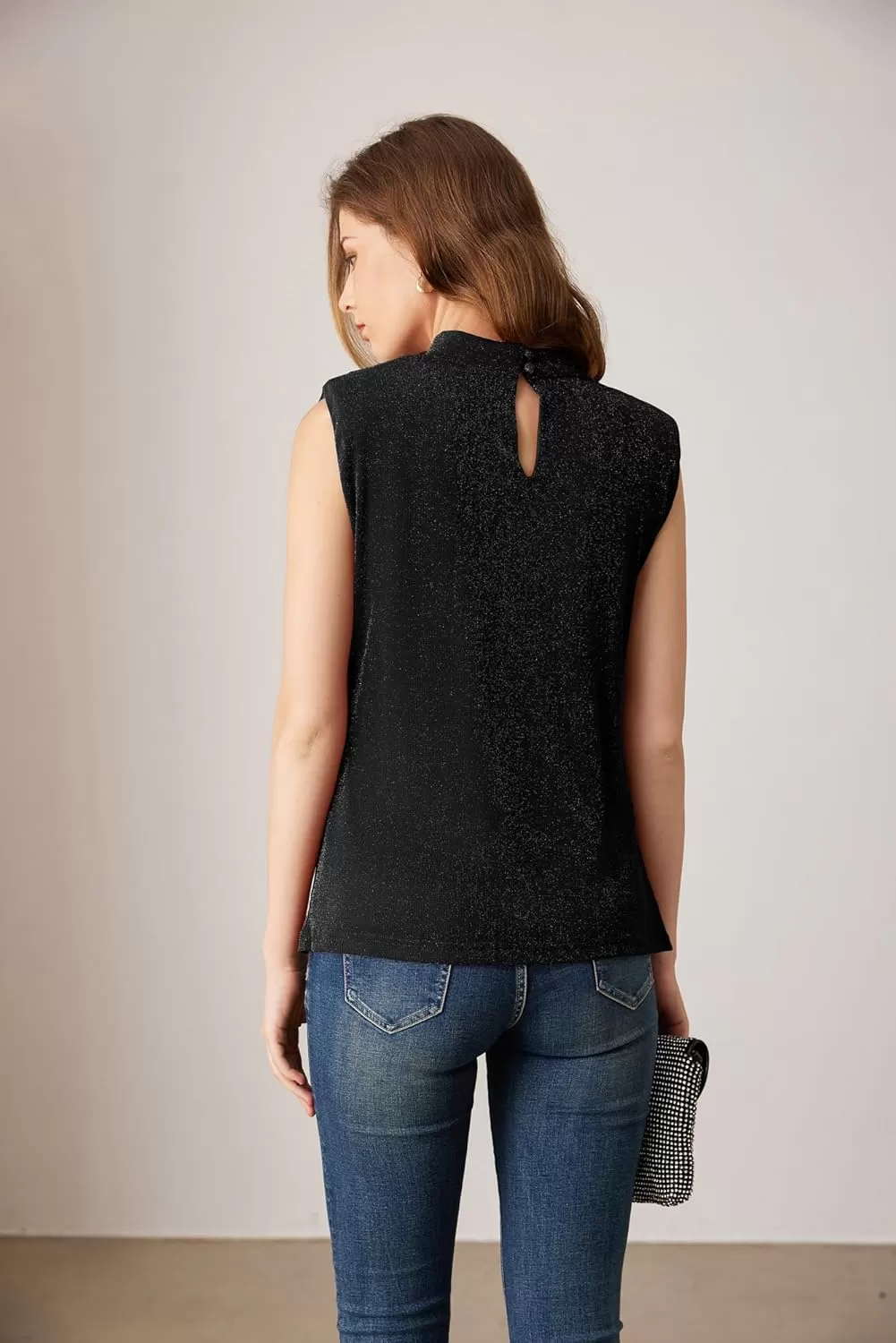 imageGRACE KARIN Womens 2024 Glitter Tank Top Sleeveless Shoulder Padded Cowl Neck Club Party ShirtsBlack