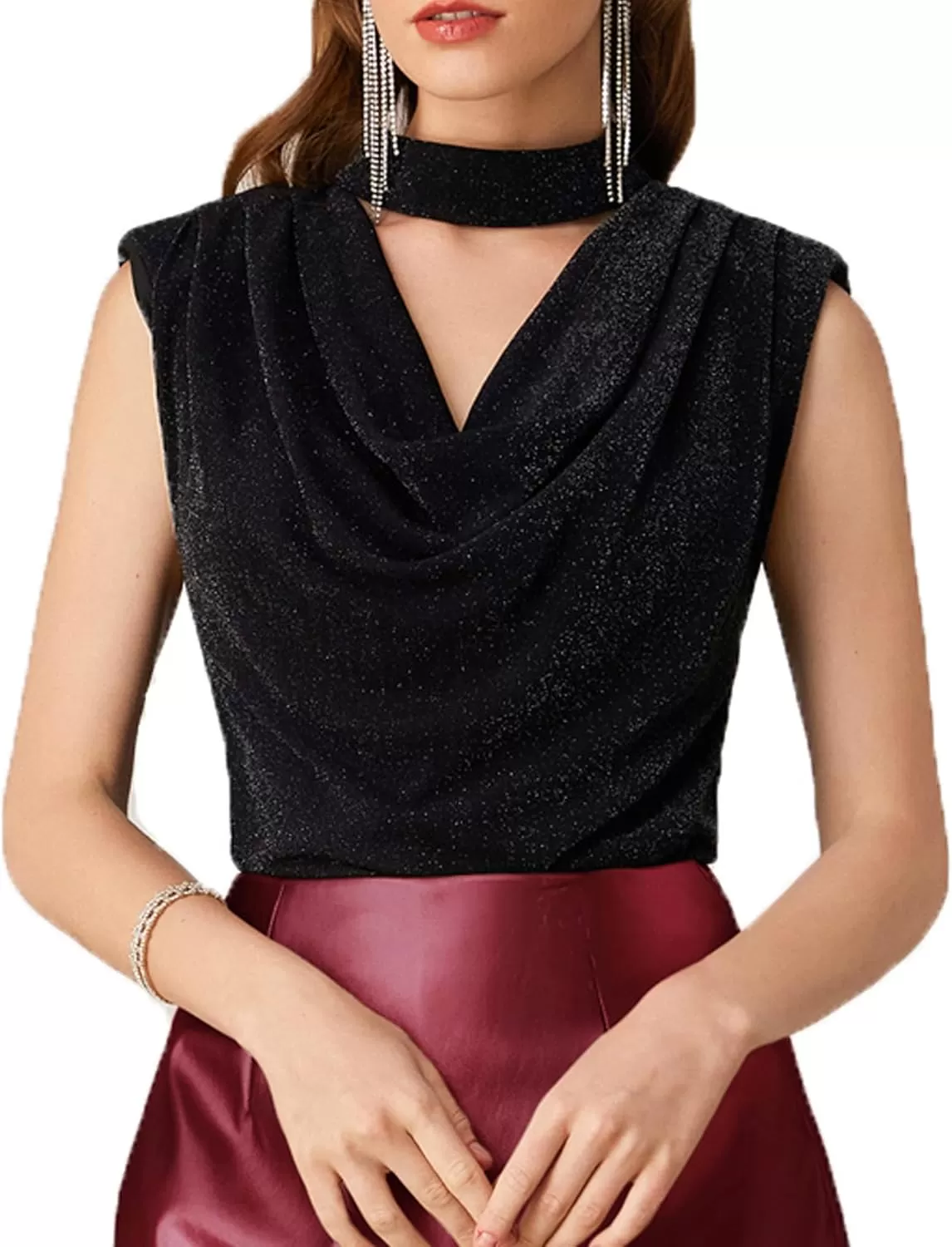 imageGRACE KARIN Womens 2024 Glitter Tank Top Sleeveless Shoulder Padded Cowl Neck Club Party ShirtsBlack