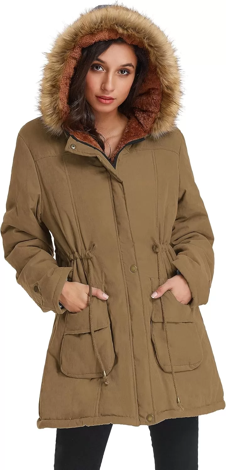 imageGRACE KARIN Womens Winter Coats Fleece Parkas Anoraks Hooded Military Jacket CoatsCamel