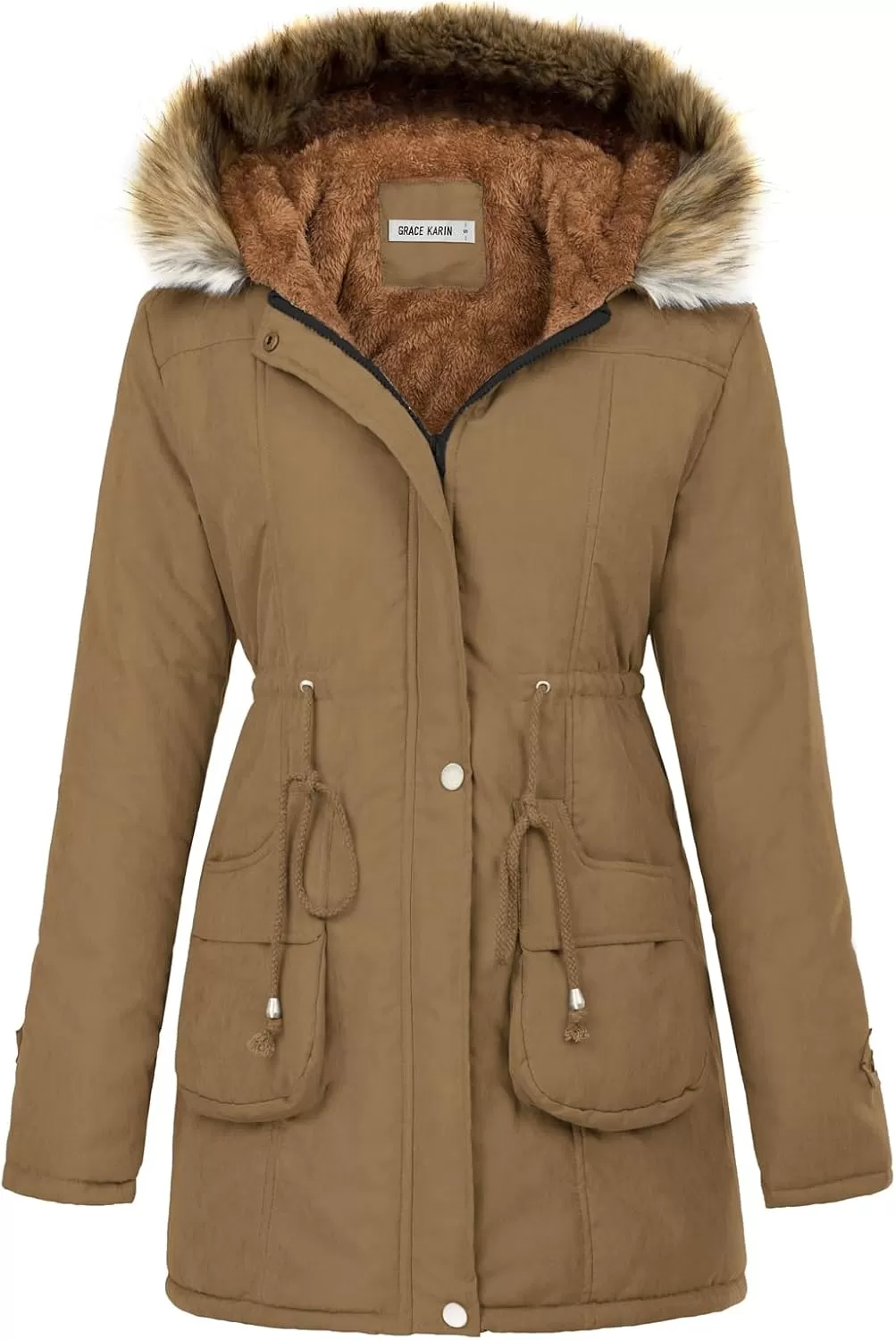 imageGRACE KARIN Womens Winter Coats Fleece Parkas Anoraks Hooded Military Jacket CoatsCamel