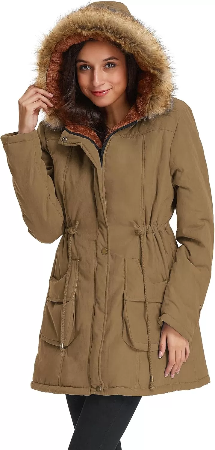 imageGRACE KARIN Womens Winter Coats Fleece Parkas Anoraks Hooded Military Jacket CoatsCamel