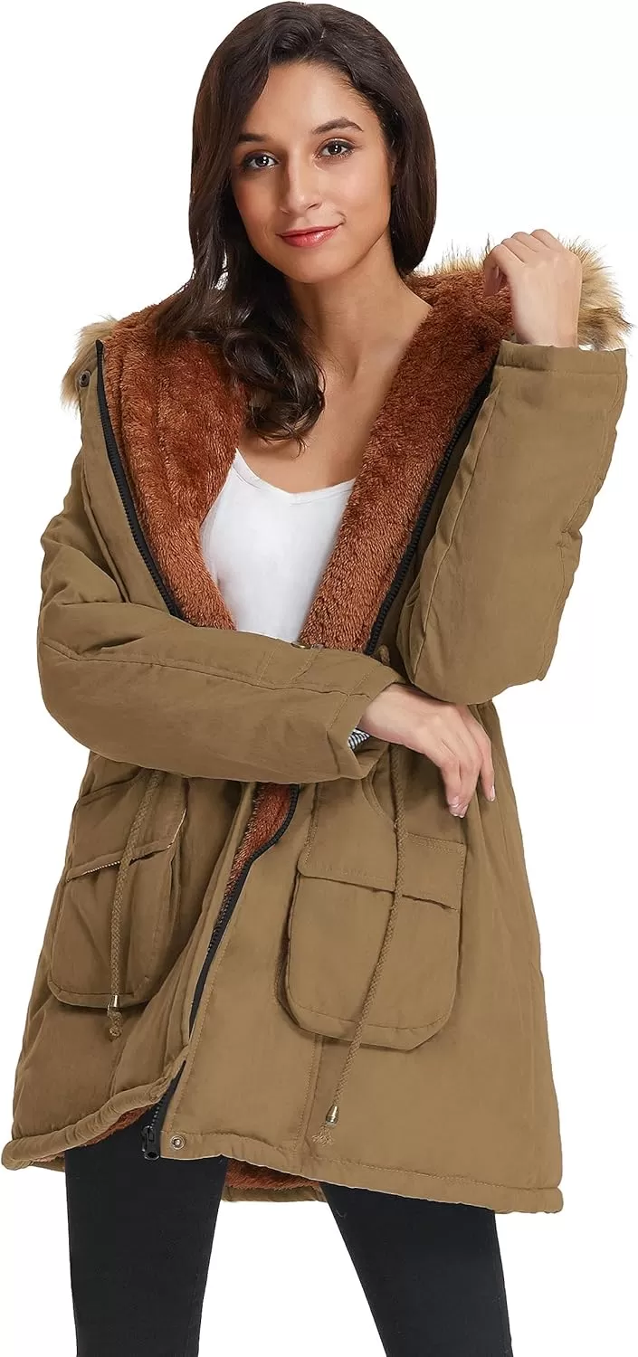 imageGRACE KARIN Womens Winter Coats Fleece Parkas Anoraks Hooded Military Jacket CoatsCamel