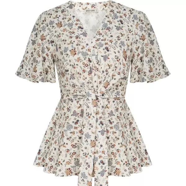 imageGRACE KARIN 2024 Womens Elegant V Neck Floral Peplum Tops Tie Front Short Bell Sleeve Shirts Tops BlouseApricot Floral