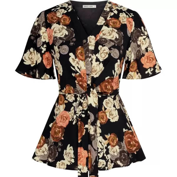 imageGRACE KARIN 2024 Womens Elegant V Neck Floral Peplum Tops Tie Front Short Bell Sleeve Shirts Tops BlouseBlack Flower