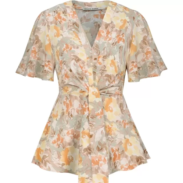 imageGRACE KARIN 2024 Womens Elegant V Neck Floral Peplum Tops Tie Front Short Bell Sleeve Shirts Tops BlouseLight Brown Yellow
