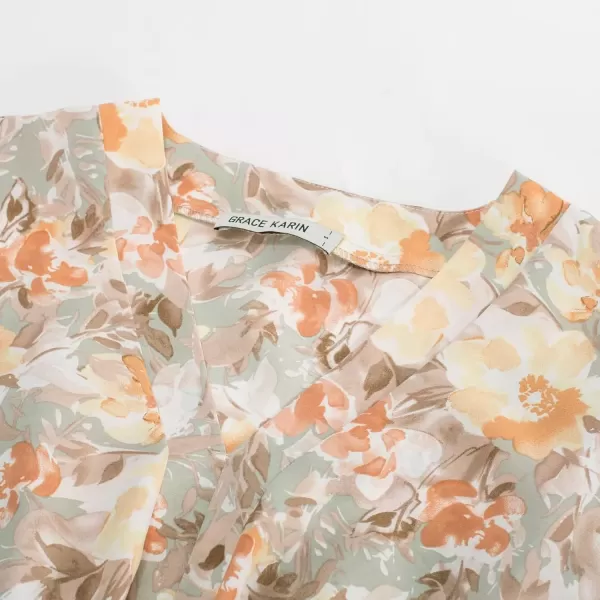 imageGRACE KARIN 2024 Womens Elegant V Neck Floral Peplum Tops Tie Front Short Bell Sleeve Shirts Tops BlouseLight Brown Yellow