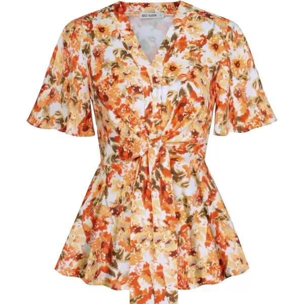 imageGRACE KARIN 2024 Womens Elegant V Neck Floral Peplum Tops Tie Front Short Bell Sleeve Shirts Tops BlouseOrange Floral