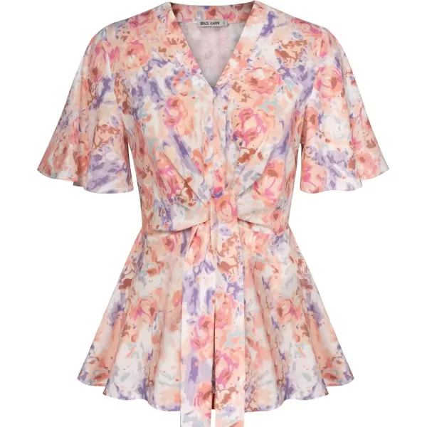 imageGRACE KARIN 2024 Womens Elegant V Neck Floral Peplum Tops Tie Front Short Bell Sleeve Shirts Tops BlousePink Floral