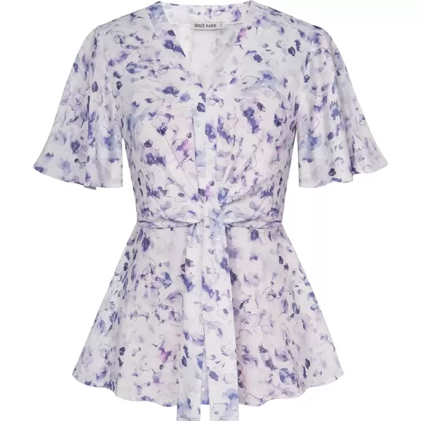 imageGRACE KARIN 2024 Womens Elegant V Neck Floral Peplum Tops Tie Front Short Bell Sleeve Shirts Tops BlousePurple Floral