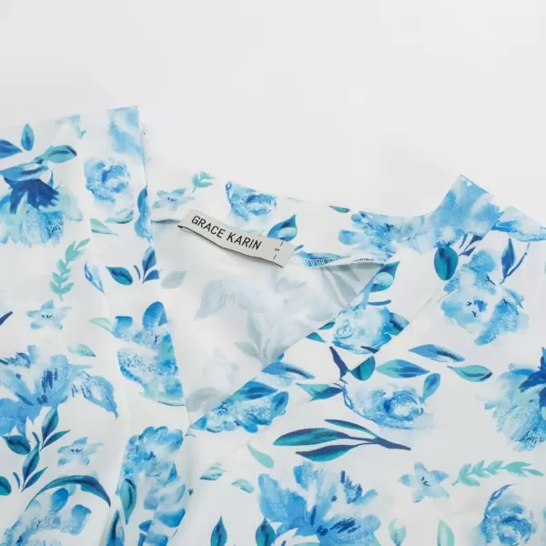 imageGRACE KARIN 2024 Womens Elegant V Neck Floral Peplum Tops Tie Front Short Bell Sleeve Shirts Tops BlouseWhite Blue