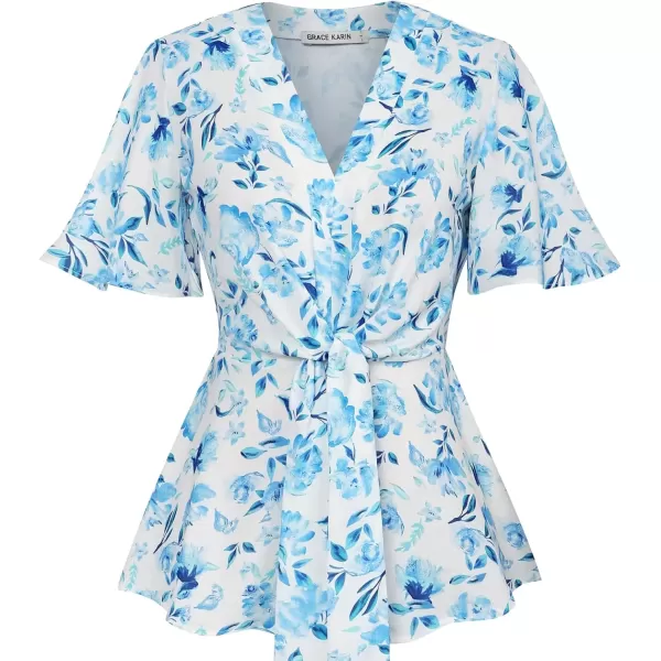 imageGRACE KARIN 2024 Womens Elegant V Neck Floral Peplum Tops Tie Front Short Bell Sleeve Shirts Tops BlouseWhite Blue