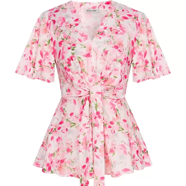 imageGRACE KARIN 2024 Womens Elegant V Neck Floral Peplum Tops Tie Front Short Bell Sleeve Shirts Tops BlouseWhite Pink