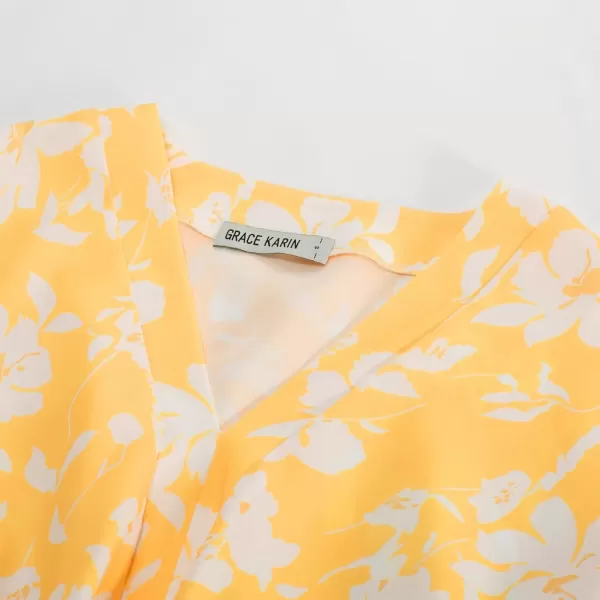 imageGRACE KARIN 2024 Womens Elegant V Neck Floral Peplum Tops Tie Front Short Bell Sleeve Shirts Tops BlouseYellow White