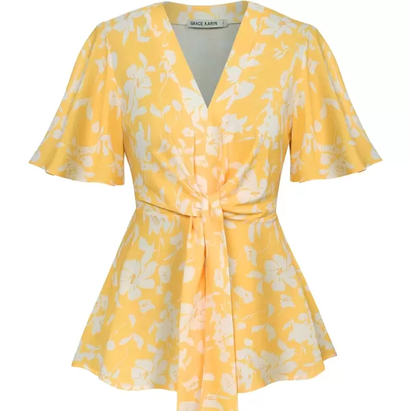 imageGRACE KARIN 2024 Womens Elegant V Neck Floral Peplum Tops Tie Front Short Bell Sleeve Shirts Tops BlouseYellow White