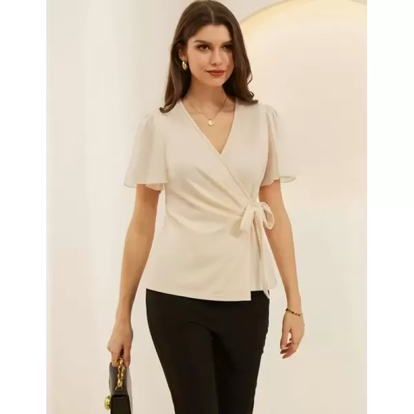 imageGRACE KARIN 2024 Womens Summer Short Sleeve Tops Dressy Casual Chiffon VNeck Wrap Business Work Cute Fitted BlousesApricot