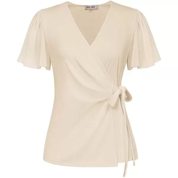 imageGRACE KARIN 2024 Womens Summer Short Sleeve Tops Dressy Casual Chiffon VNeck Wrap Business Work Cute Fitted BlousesApricot
