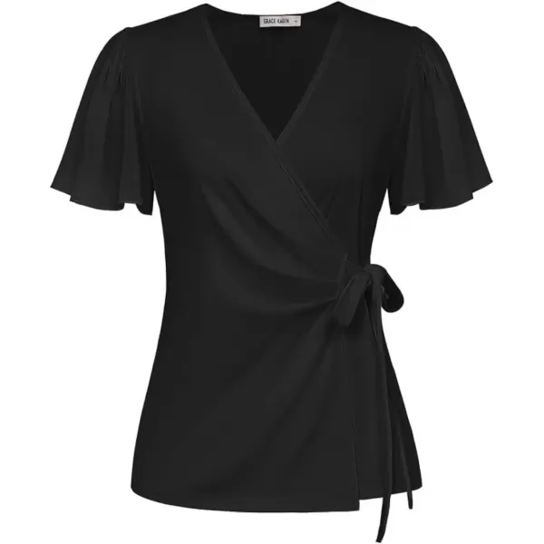 imageGRACE KARIN 2024 Womens Summer Short Sleeve Tops Dressy Casual Chiffon VNeck Wrap Business Work Cute Fitted BlousesBlack