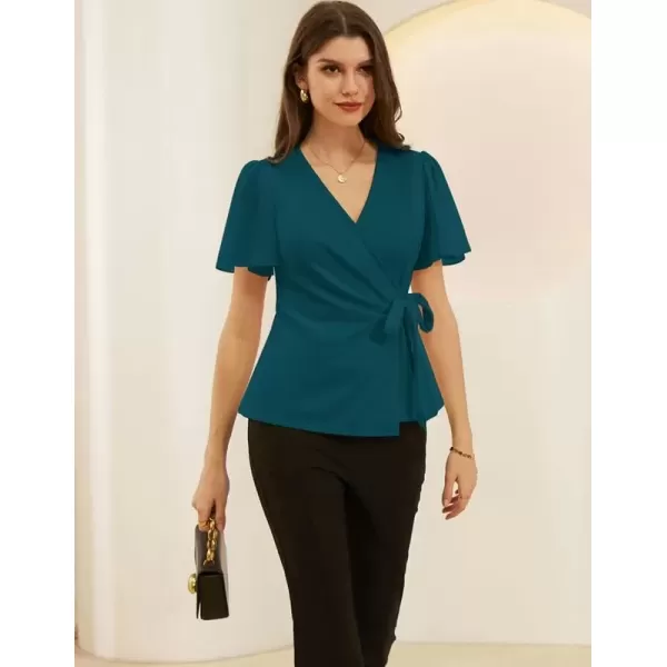 imageGRACE KARIN 2024 Womens Summer Short Sleeve Tops Dressy Casual Chiffon VNeck Wrap Business Work Cute Fitted BlousesBluegreen