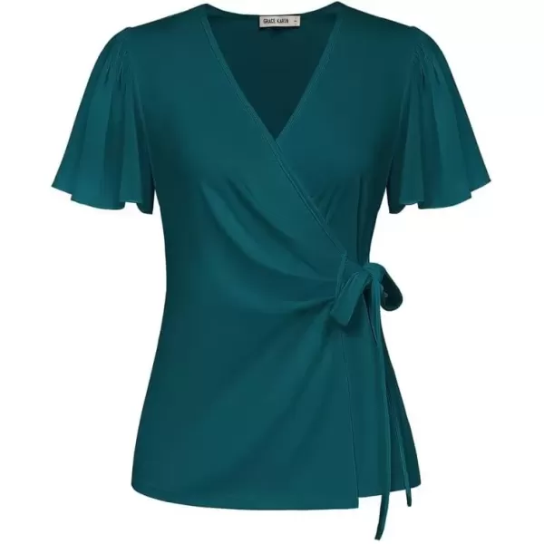 imageGRACE KARIN 2024 Womens Summer Short Sleeve Tops Dressy Casual Chiffon VNeck Wrap Business Work Cute Fitted BlousesBluegreen