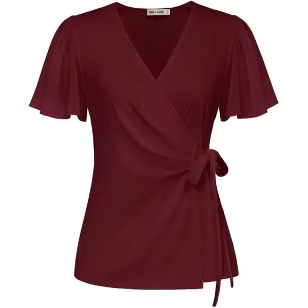 imageGRACE KARIN 2024 Womens Summer Short Sleeve Tops Dressy Casual Chiffon VNeck Wrap Business Work Cute Fitted BlousesBurgundy