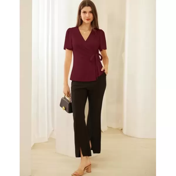 imageGRACE KARIN 2024 Womens Summer Short Sleeve Tops Dressy Casual Chiffon VNeck Wrap Business Work Cute Fitted BlousesBurgundy