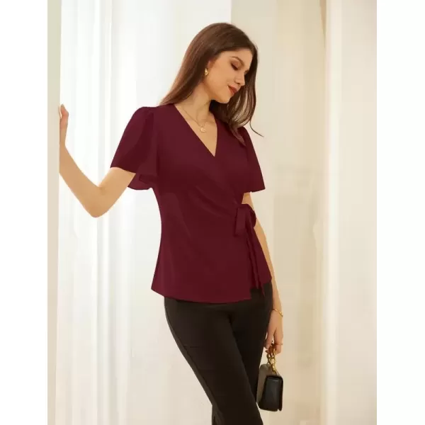 imageGRACE KARIN 2024 Womens Summer Short Sleeve Tops Dressy Casual Chiffon VNeck Wrap Business Work Cute Fitted BlousesBurgundy