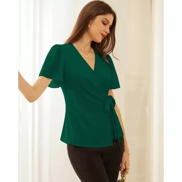 imageGRACE KARIN 2024 Womens Summer Short Sleeve Tops Dressy Casual Chiffon VNeck Wrap Business Work Cute Fitted BlousesDark Green