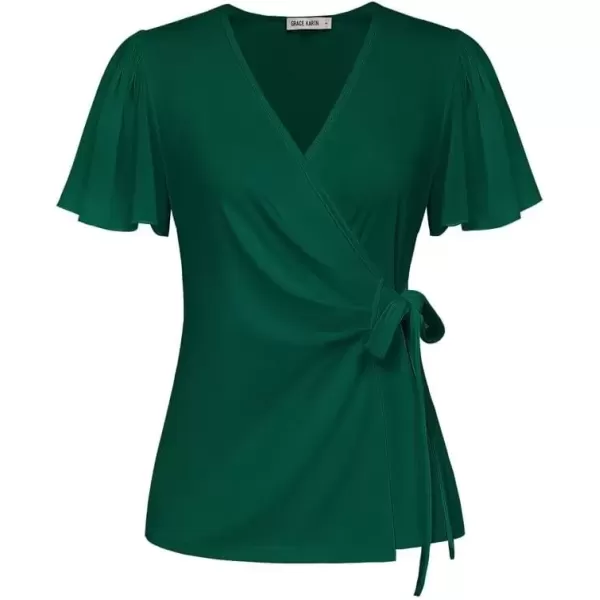 imageGRACE KARIN 2024 Womens Summer Short Sleeve Tops Dressy Casual Chiffon VNeck Wrap Business Work Cute Fitted BlousesDark Green