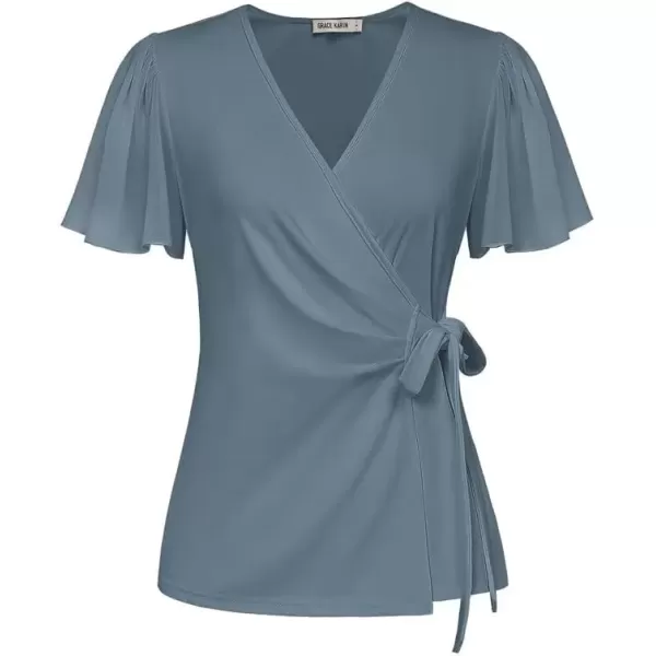 imageGRACE KARIN 2024 Womens Summer Short Sleeve Tops Dressy Casual Chiffon VNeck Wrap Business Work Cute Fitted BlousesGray Blue