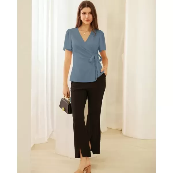 imageGRACE KARIN 2024 Womens Summer Short Sleeve Tops Dressy Casual Chiffon VNeck Wrap Business Work Cute Fitted BlousesGray Blue