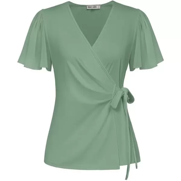 imageGRACE KARIN 2024 Womens Summer Short Sleeve Tops Dressy Casual Chiffon VNeck Wrap Business Work Cute Fitted BlousesGray Green