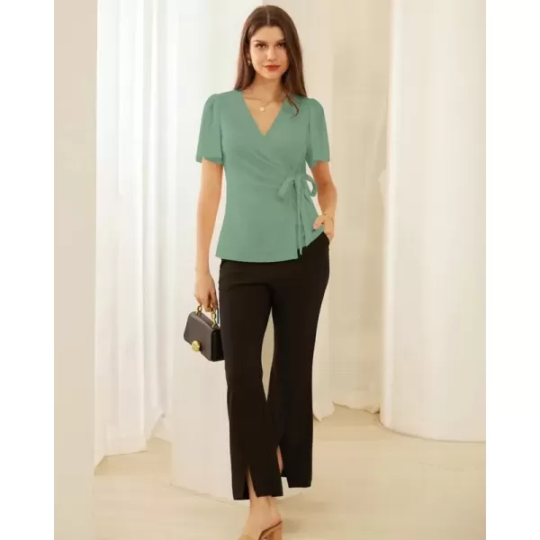 imageGRACE KARIN 2024 Womens Summer Short Sleeve Tops Dressy Casual Chiffon VNeck Wrap Business Work Cute Fitted BlousesGray Green