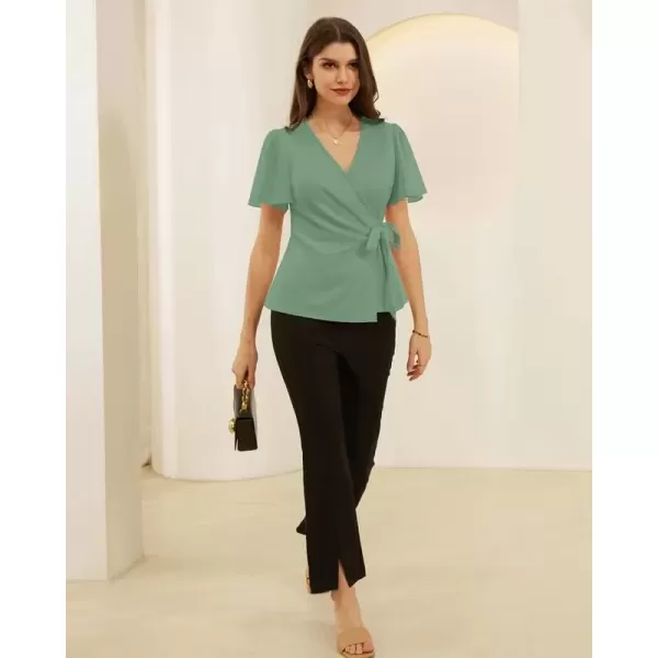 imageGRACE KARIN 2024 Womens Summer Short Sleeve Tops Dressy Casual Chiffon VNeck Wrap Business Work Cute Fitted BlousesGray Green
