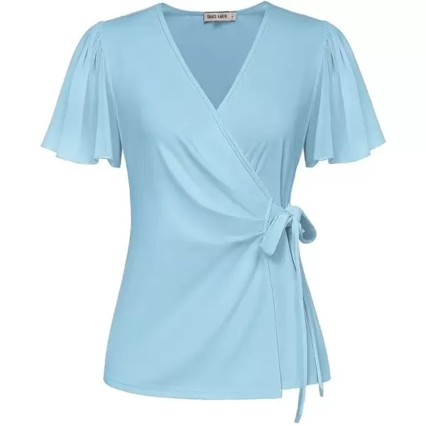 imageGRACE KARIN 2024 Womens Summer Short Sleeve Tops Dressy Casual Chiffon VNeck Wrap Business Work Cute Fitted BlousesLight Blue