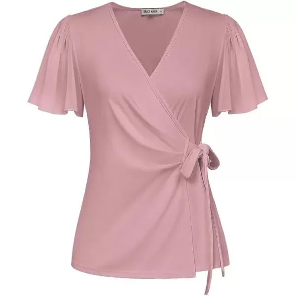 imageGRACE KARIN 2024 Womens Summer Short Sleeve Tops Dressy Casual Chiffon VNeck Wrap Business Work Cute Fitted BlousesPink