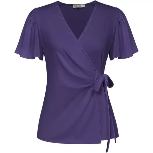 imageGRACE KARIN 2024 Womens Summer Short Sleeve Tops Dressy Casual Chiffon VNeck Wrap Business Work Cute Fitted BlousesPurple