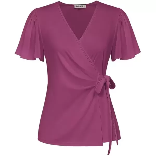 imageGRACE KARIN 2024 Womens Summer Short Sleeve Tops Dressy Casual Chiffon VNeck Wrap Business Work Cute Fitted BlousesRose Purple