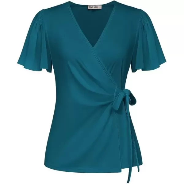 imageGRACE KARIN 2024 Womens Summer Short Sleeve Tops Dressy Casual Chiffon VNeck Wrap Business Work Cute Fitted BlousesRoyal Blue