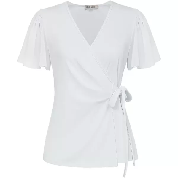 imageGRACE KARIN 2024 Womens Summer Short Sleeve Tops Dressy Casual Chiffon VNeck Wrap Business Work Cute Fitted BlousesWhite